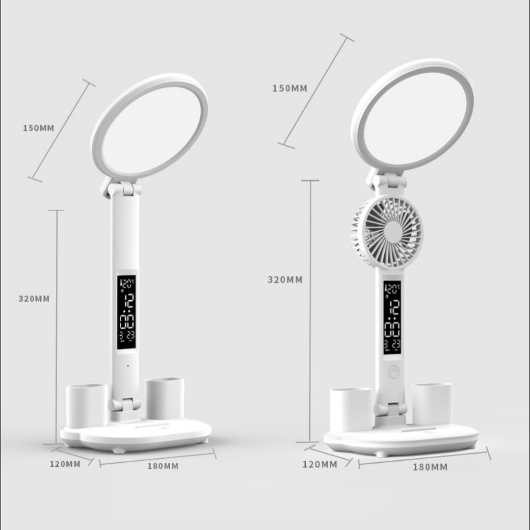 Lámpara de escritorio con ventilador y reloj